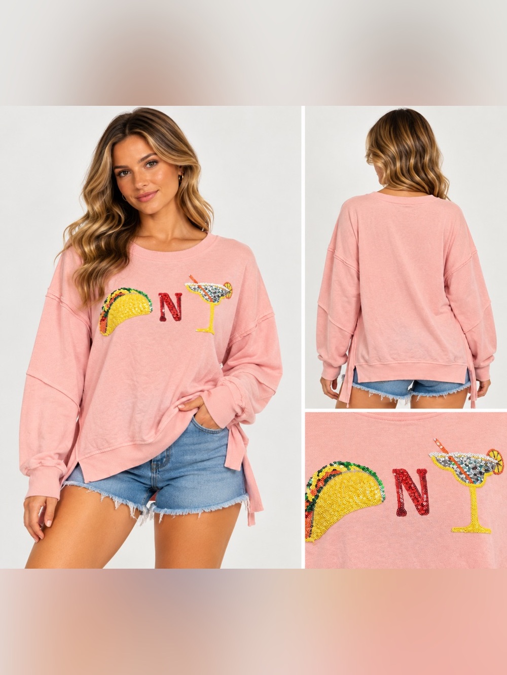 Fantastic Fawn Pink Sequin Taco & Cocktail Pullover Sweatshirt